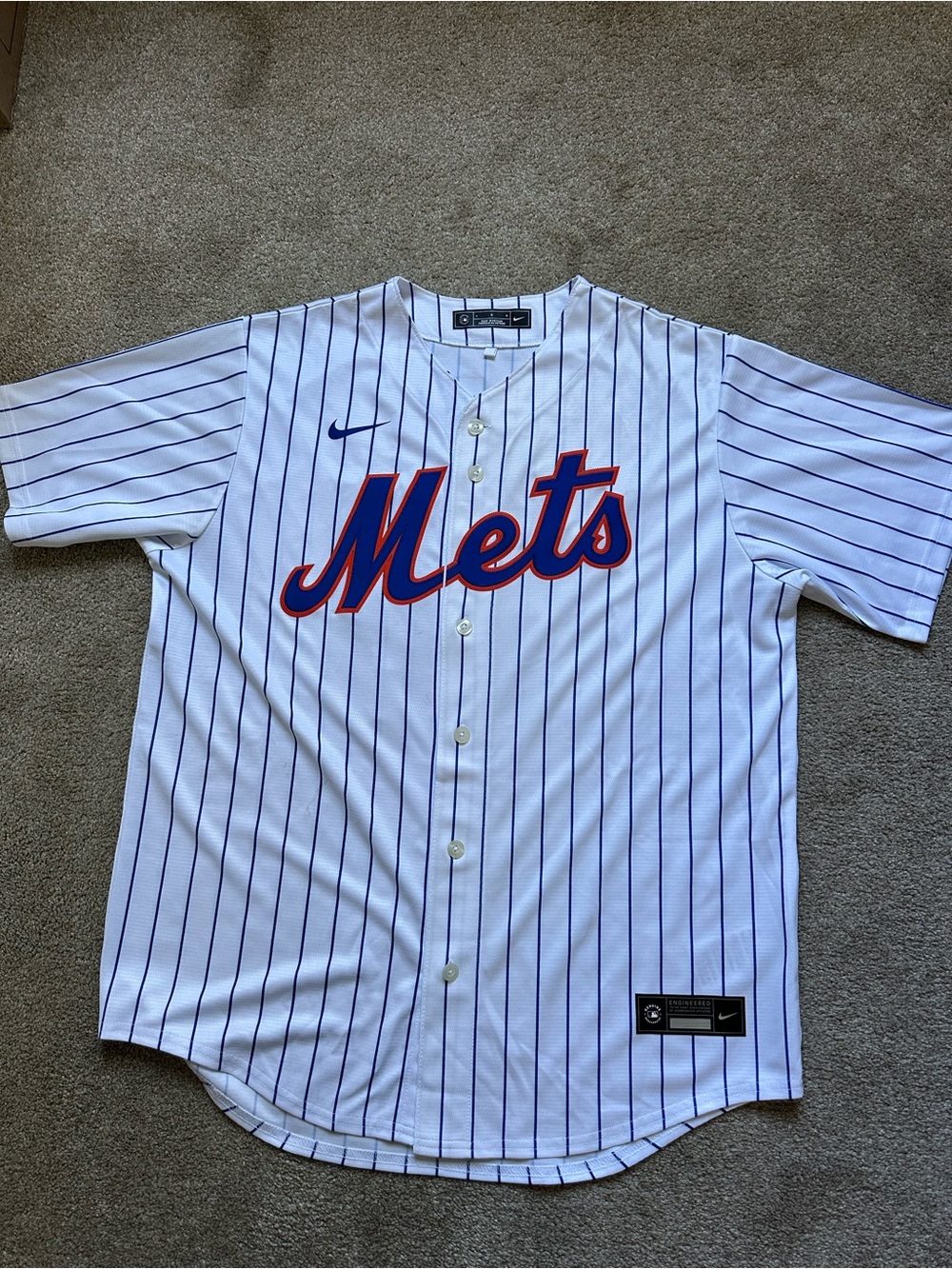 Nike Men’s New York Mets De Grom Player White & Blue Pinstriped Baseball Jersey